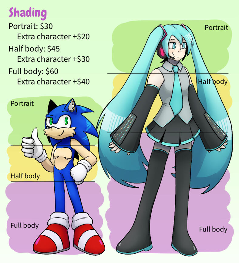 Shading. Portrait: $30, (Extra character +$20); Half body: $45 (Extra character +$30); Full body: $60 (Extra character +$40).