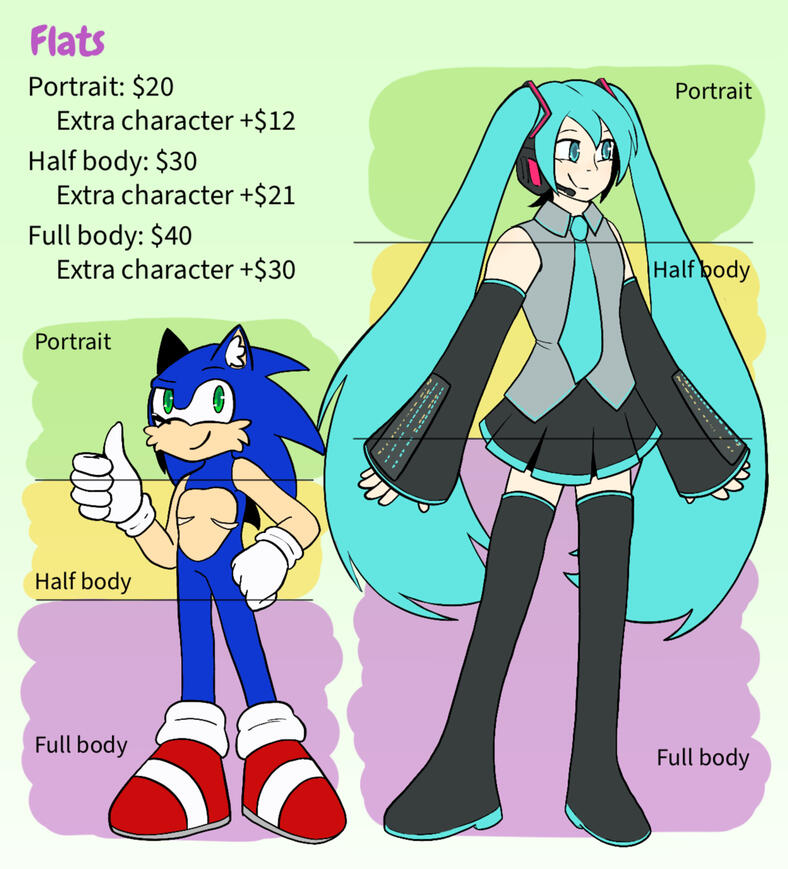 Flats. Portrait: $20, (Extra character +$12); Half body: $30 (Extra character +$21); Full body: $40 (Extra character +$30).