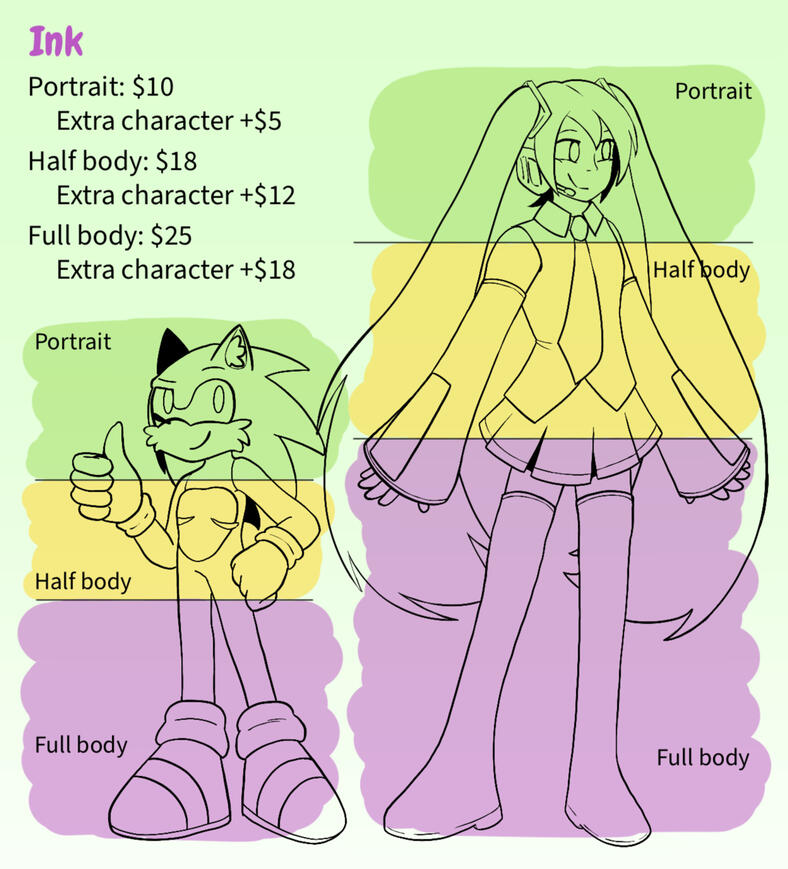 Ink Ink. Portrait: $10, (Extra character +$5); Half body: $18 (Extra character +$12); Full body: $25 (Extra character +$18).